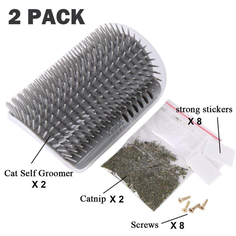 Cat Corner Self Groomer 2-Pack with Catnip, Wall-Mounted Grooming Brush for Dogs and Cats, Gentle Massage, High-Quality Plastic Fur Removal