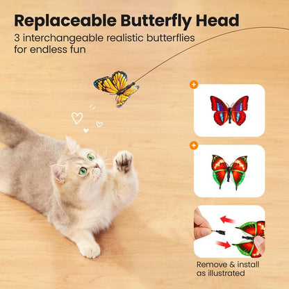 Potaroma Spinning Butterfly Cat Toy Wand – Electric Interactive Cat Teaser with Suction Cup Self-Play & Handheld Mode for Indoor Kittens, Durable Automatic Play Toy