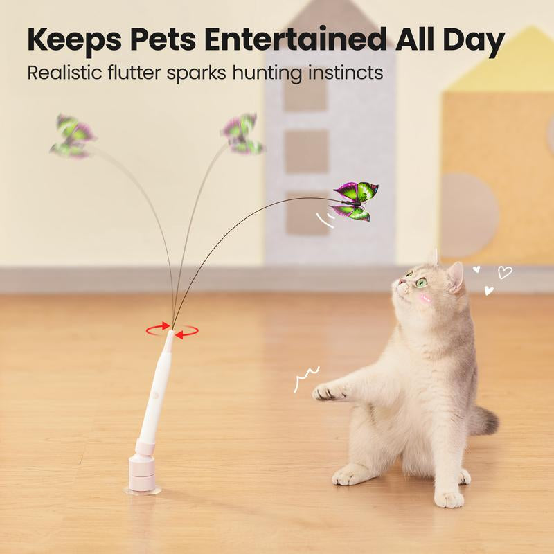 Potaroma Spinning Butterfly Cat Toy Wand – Electric Interactive Cat Teaser with Suction Cup Self-Play & Handheld Mode for Indoor Kittens, Durable Automatic Play Toy