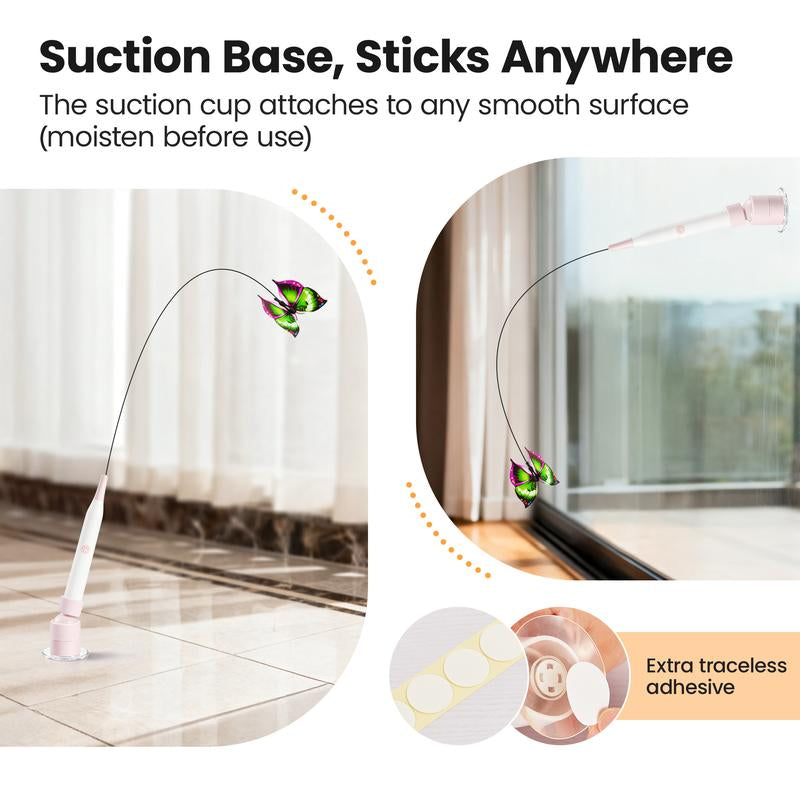 Potaroma Spinning Butterfly Cat Toy Wand – Electric Interactive Cat Teaser with Suction Cup Self-Play & Handheld Mode for Indoor Kittens, Durable Automatic Play Toy